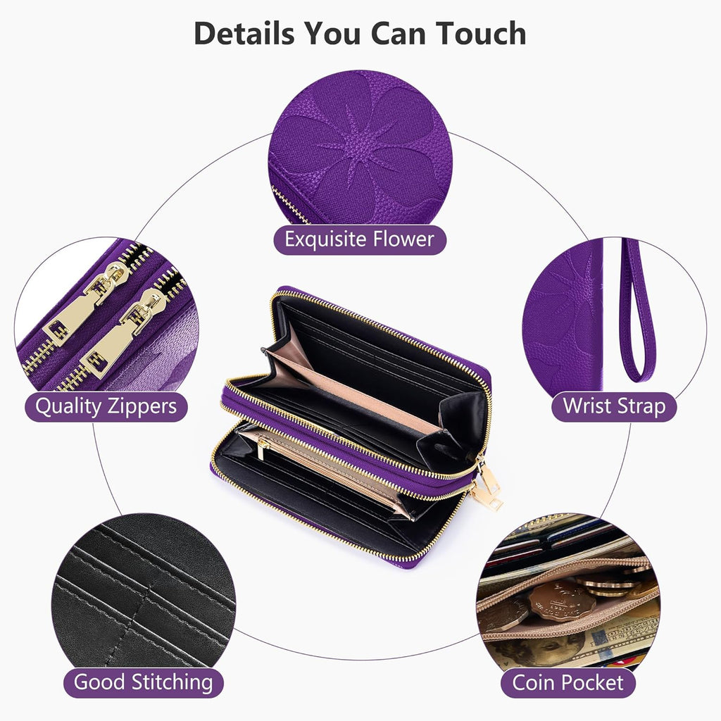 Espera Women Wallet RFID Blocking Large Capacity Card Holder Purse Double Zip Leather Designer Ladies Clutch with Wristlet