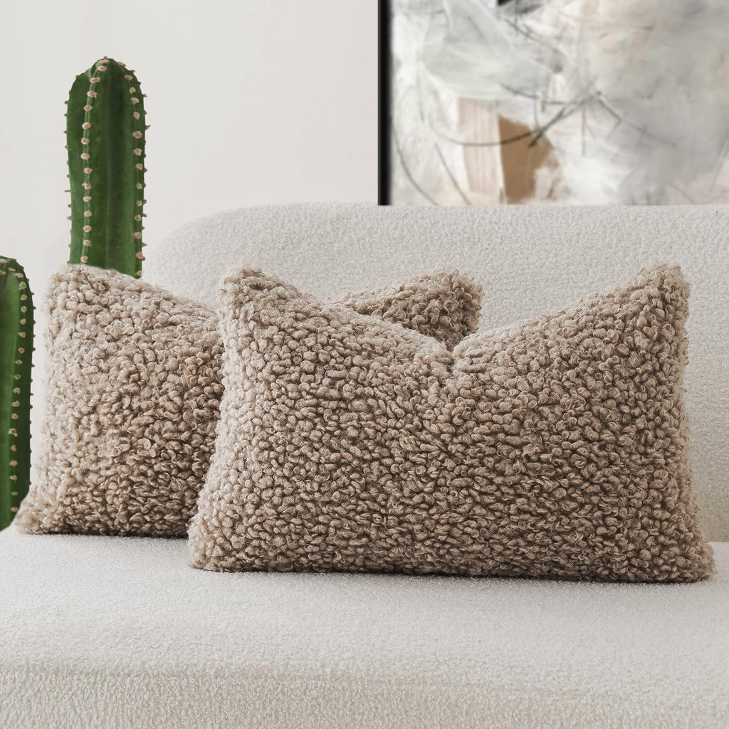Foindtower Set Of 2 Curly Teddy Wool Pillow Covers Decorative Boucle Textured Lumbar Throw Pillow Faux Fur Pillowcases Sheepskin Cushion Case For Sofa Bedroom Car 12"X20" Khaki