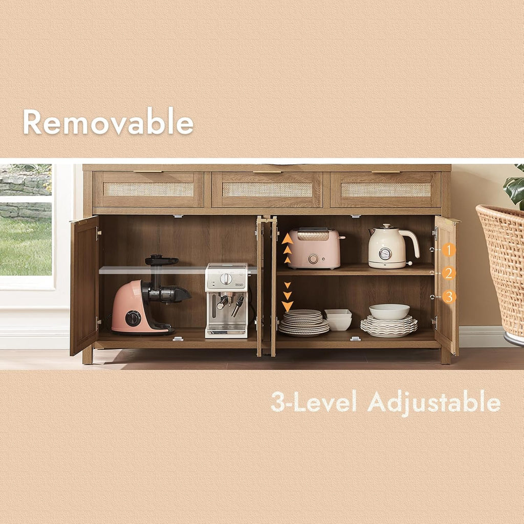 63" Rattan Sideboard Buffet Cabinet, Boho Storage Cabinet With Adjustable Shelves, Farmhouse Credenza Coffee Bar Cabinets With 4 Doors & 3 Drawers For Living Room, Hallway & Kitchen