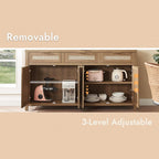 63" Rattan Sideboard Buffet Cabinet, Boho Storage Cabinet With Adjustable Shelves, Farmhouse Credenza Coffee Bar Cabinets With 4 Doors & 3 Drawers For Living Room, Hallway & Kitchen