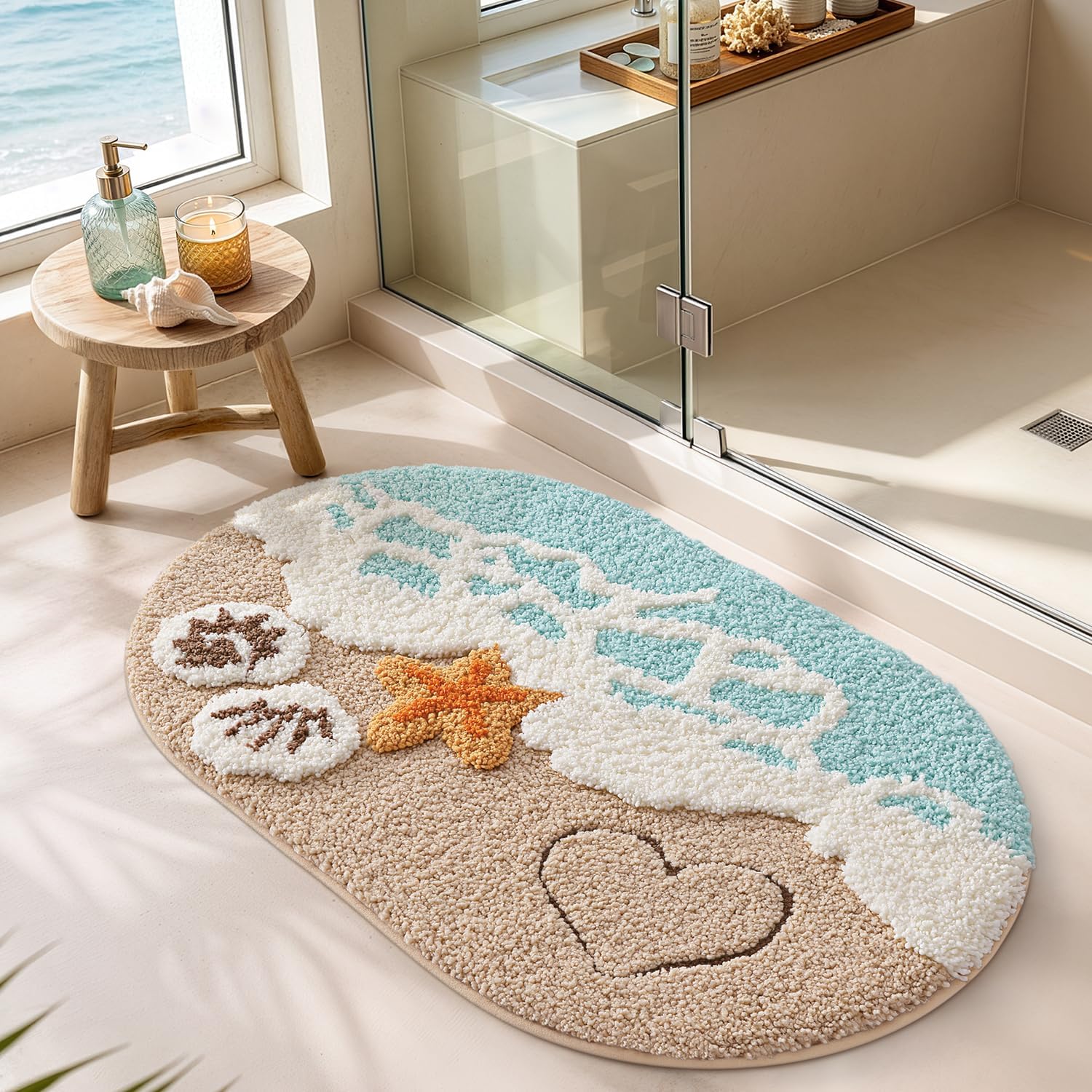 Lumi Soft And Absorbent Beach Bathroom Rug, Non-Slip Backing, Ideal For Bathroom, Kitchen And Entryway Decor, Sea Beach Starfish Shell Bath Decor, Blue, 22"X34"