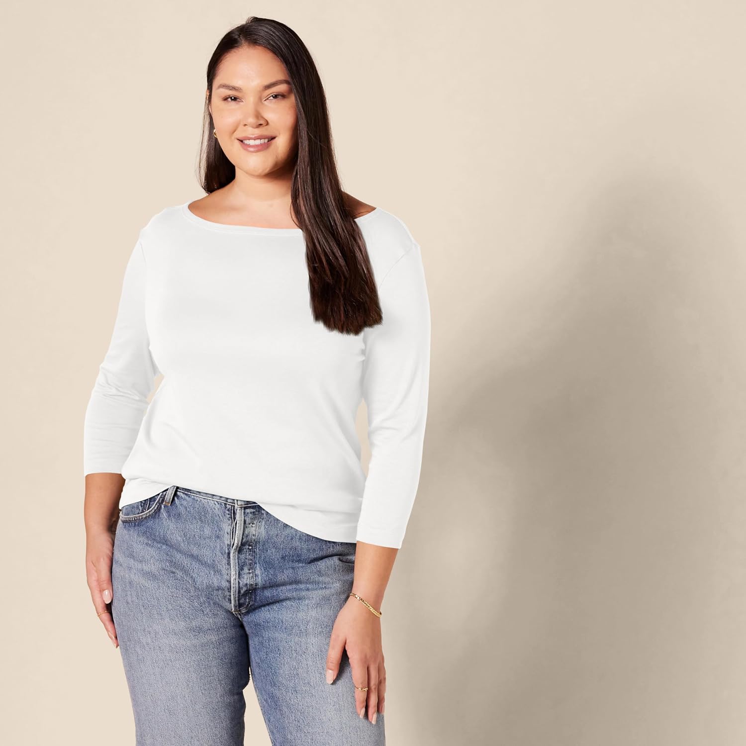 Women's Slim-Fit 3/4 Sleeve Boat Neck Cotton Modal Micro Rib T-Shirt