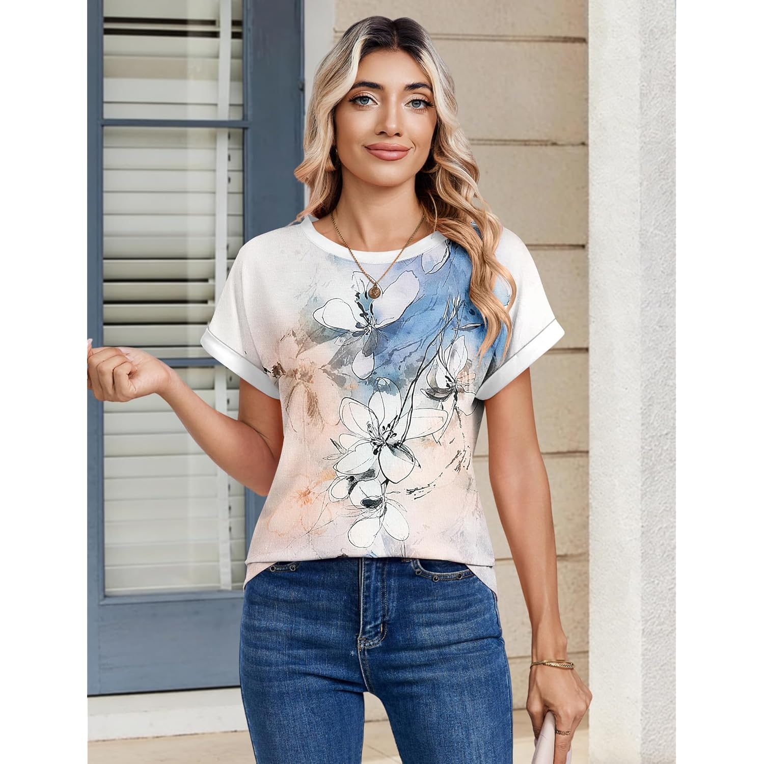 Womens Tops Short Sleeve Cute Summer Blouses Crew Neck Dressy Casual T Shirts Work Clothes S-2XL