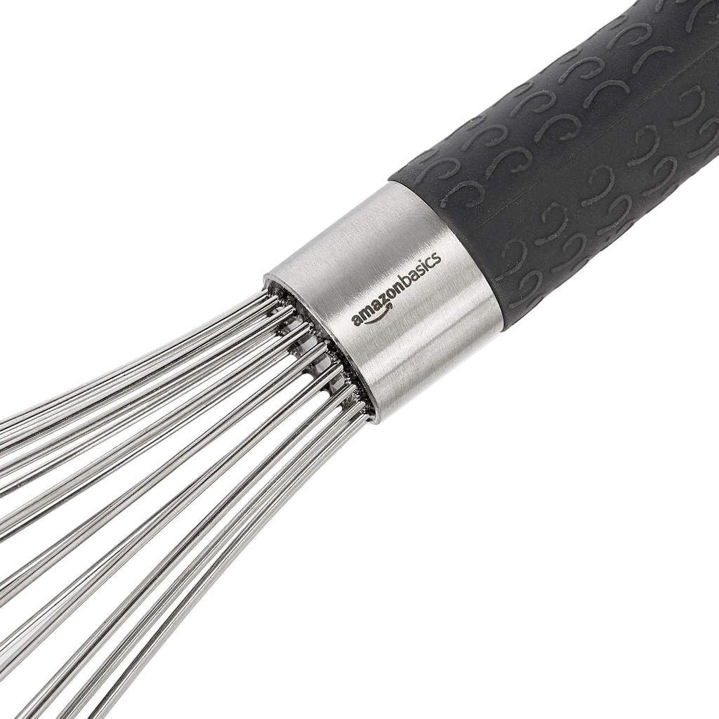 Amazon Basics Stainless Steel Wire Whisk Set For Cooking, Different Sizes, Easy To Hold Ergonomic Handle, 3 Piece, Black/Silver