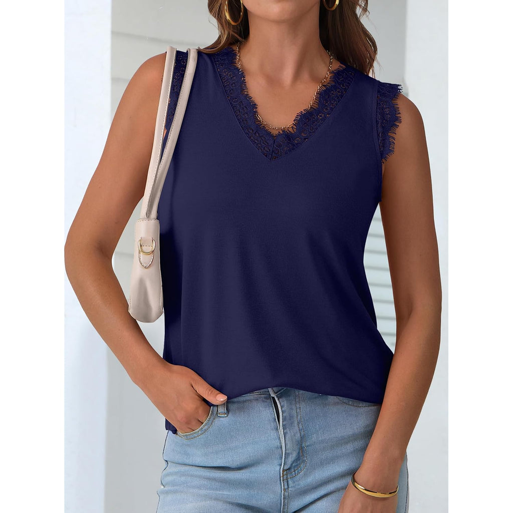 Womens Lace Trim Tank Tops V Neck Sleeveless Shirts 2026 Summer Casual Trendy Dressy Cami Top