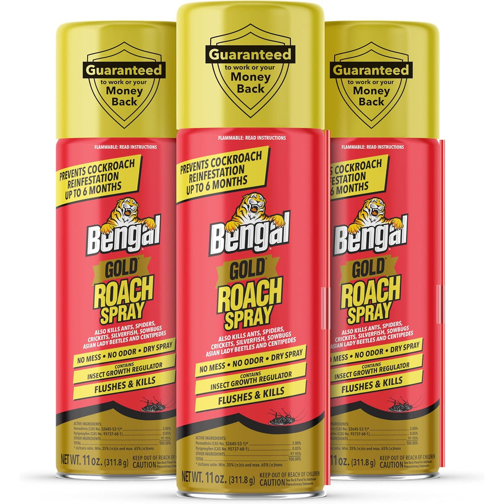 Bengal Gold Roach Spray - Prevents Reinfestation Up To 6 Months - 3 Pack | 11 Oz - Odorless, Stain-Free Bug Spray For Home