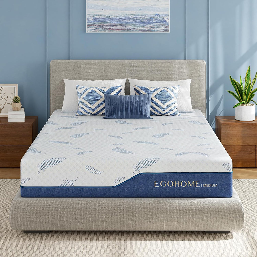 Egohome Medium Queen Mattress 12 Inch Memory Foam Mattresses Bed In A Box With Gel Foam And Removeable Fiberglass Free Cover For Cool Sleep And Back Pain Relief, Certipur-Us Certified, Blue