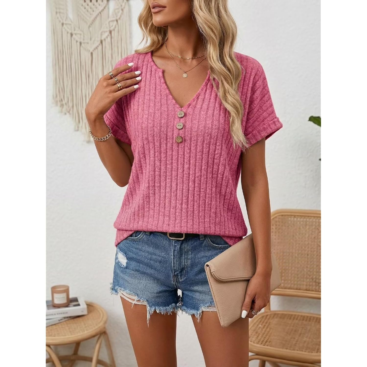Womens Relaxed Fit Tunic Tops,Short Sleeve V Neck Ribbed Knit Shirts,Flowy Summer Blouse for Leggings