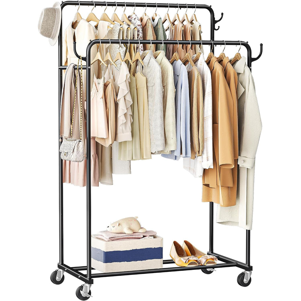 Clothes Rack, Rolling Clothing Rack With Double Rods For Hanging Clothes, Portable Garment Rack With Wheels, Metal Wardrobe Closet Organizer For Bedroom And Laundry Room
