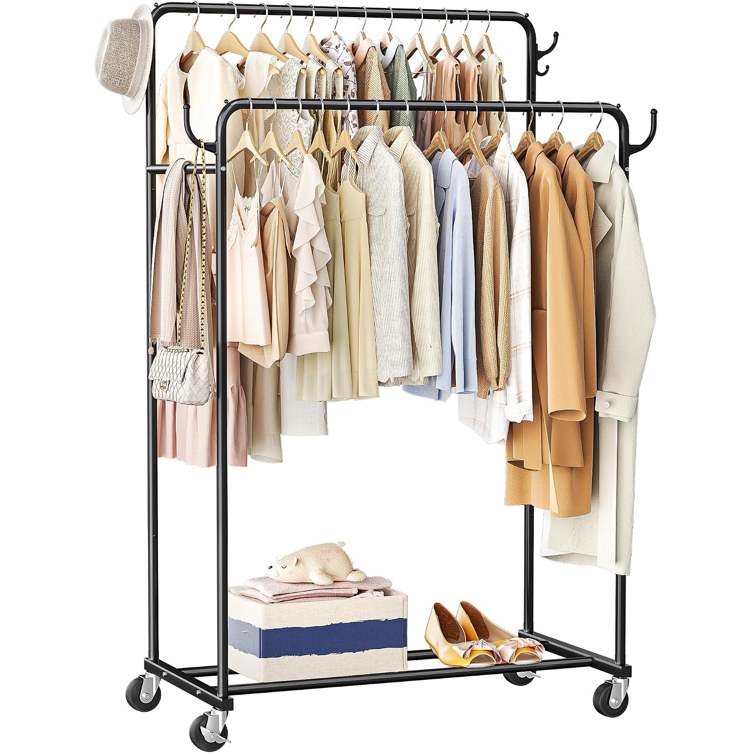 Clothes Rack, Rolling Clothing Rack With Double Rods For Hanging Clothes, Portable Garment Rack With Wheels, Metal Wardrobe Closet Organizer For Bedroom And Laundry Room