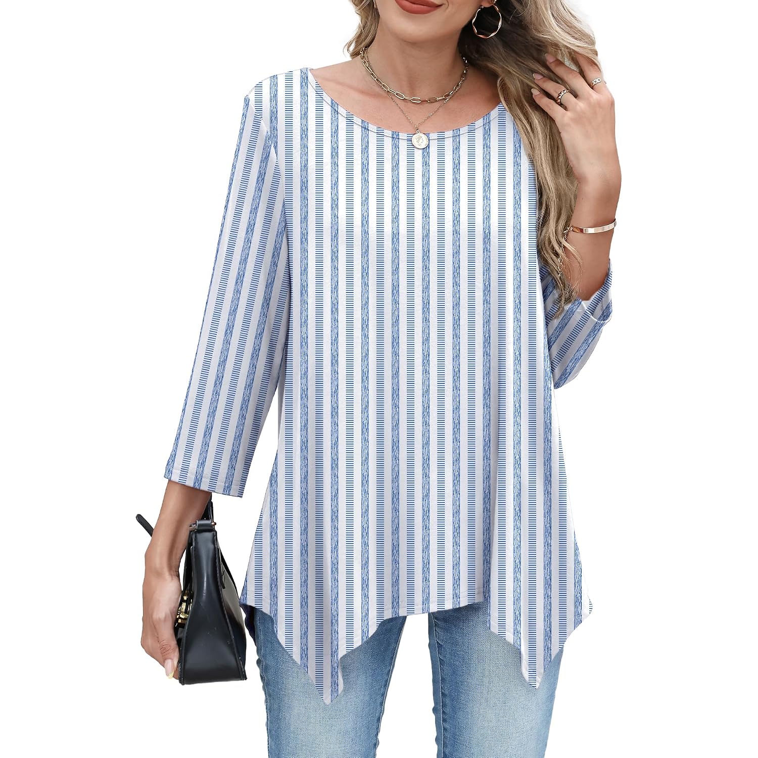 3/4 Length Sleeve Womens Tunic Tops Loose Fit Blouses Dressy Casual Crew Neck Tees S-2XL