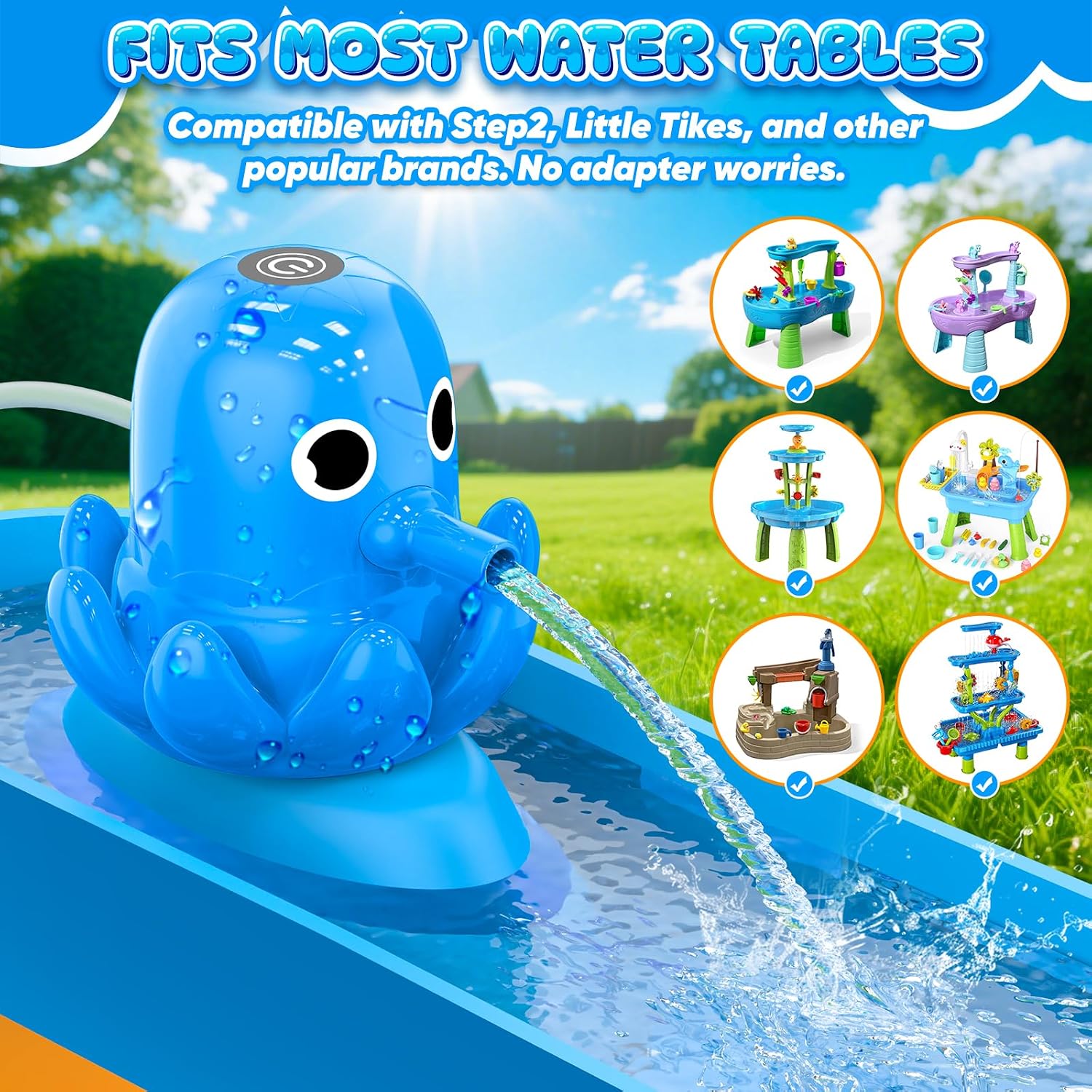 Water Table Pump, Magnetic No-Drill Rechargeable Battery Powered Continuous Flow Water Pump, Fits Water Tables & Step 2, Cordless Pump Toys, Outdoor Water Play Accessories For Kids & Toddlers, Blue