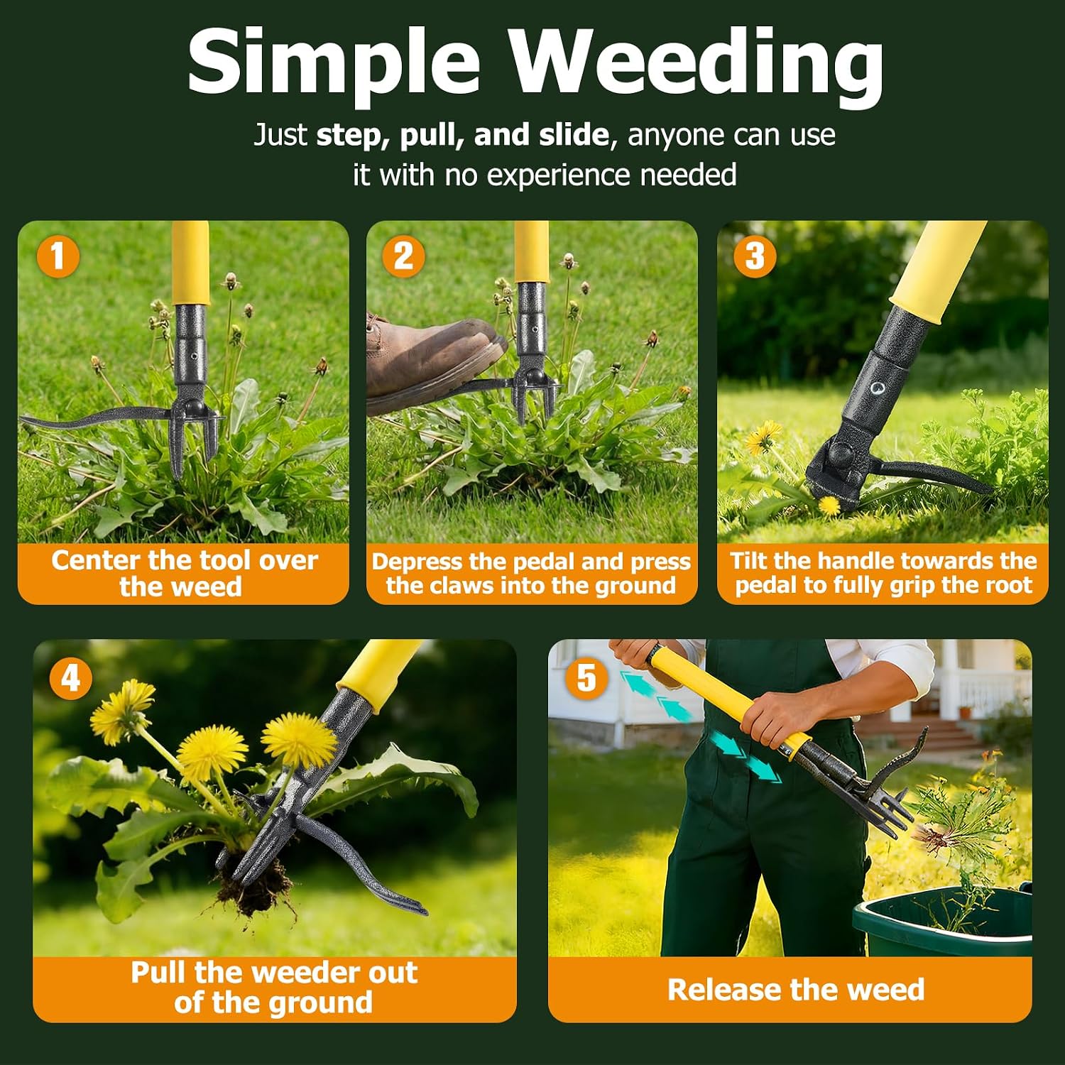 Weed Puller Tool Stand Up With Slide-Release Ejection, Reinforced Steel Weeder With 3-Section Long Handle, No-Touch Cleaning For Lawn & Garden, Heavy Duty No Bend Weeding Tool For Dandelions, Thistles