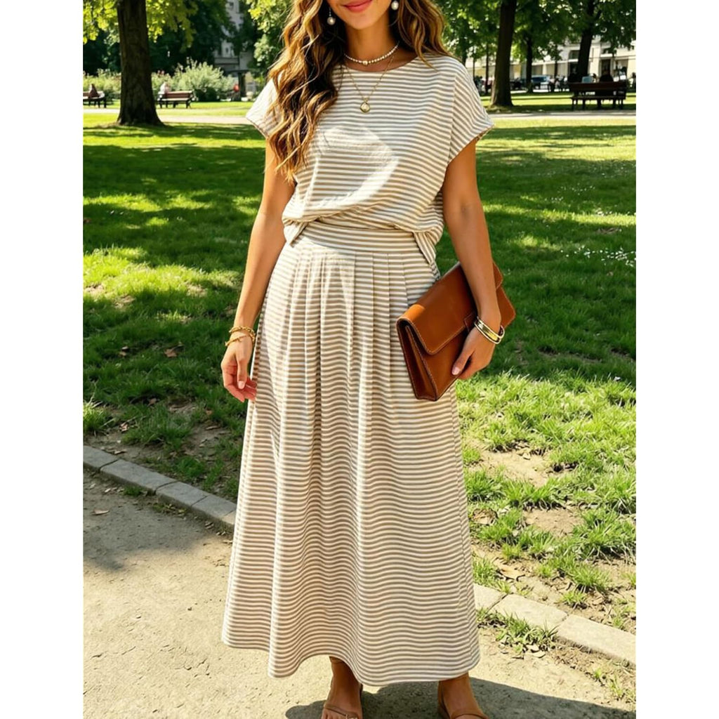 Zontroldy Women'S Summer 2 Piece Outfits Striped Skirt Sets Cap Sleeve Crop Top Midi Dress Matching Travel Outfits