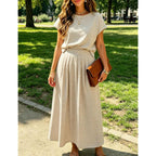 Zontroldy Women'S Summer 2 Piece Outfits Striped Skirt Sets Cap Sleeve Crop Top Midi Dress Matching Travel Outfits
