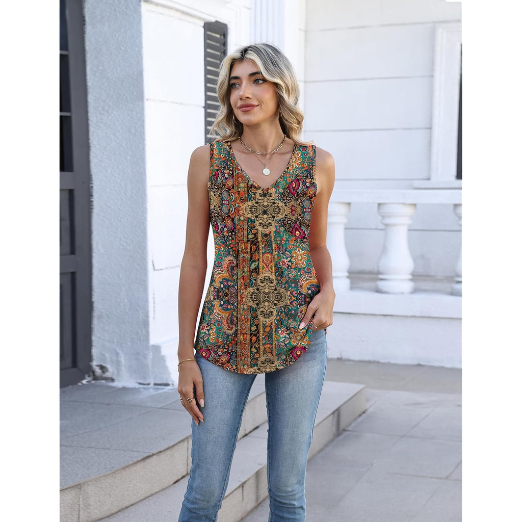 Womens Tank Tops Summer Sleeveless Pleated V Neck Tunic Shirts Loose Casual Button Flowy Boho Clothes S-3XL