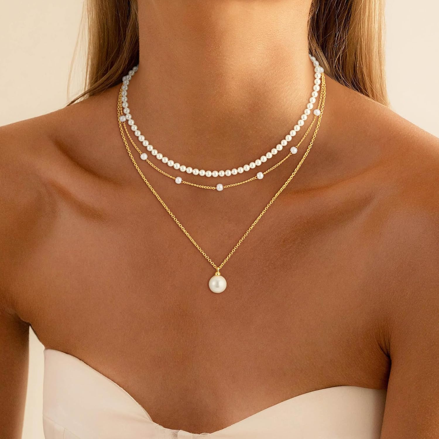 Mothers Day Gifts - Pearl Necklace, 18K Gold/Silver Plated Layered Pearl Necklaces Dainty Pearls Choker Necklace and Earring Set Mothers Day Birthday Gifts for Mom Wife Daughter Sister Friends