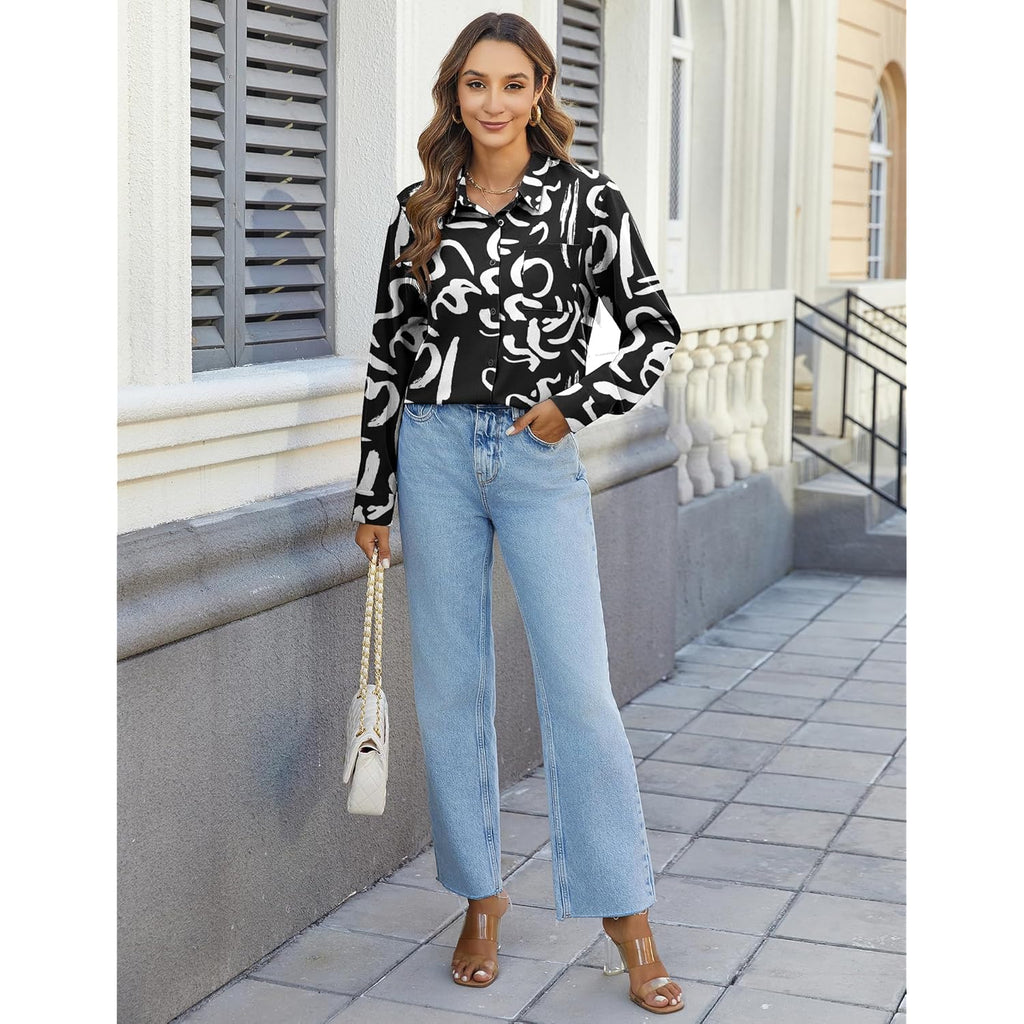 Womens Button Down Shirts Long Sleeve Dress Shirts Casual V Neck Collared Tops Work Office Blouse with Pocket