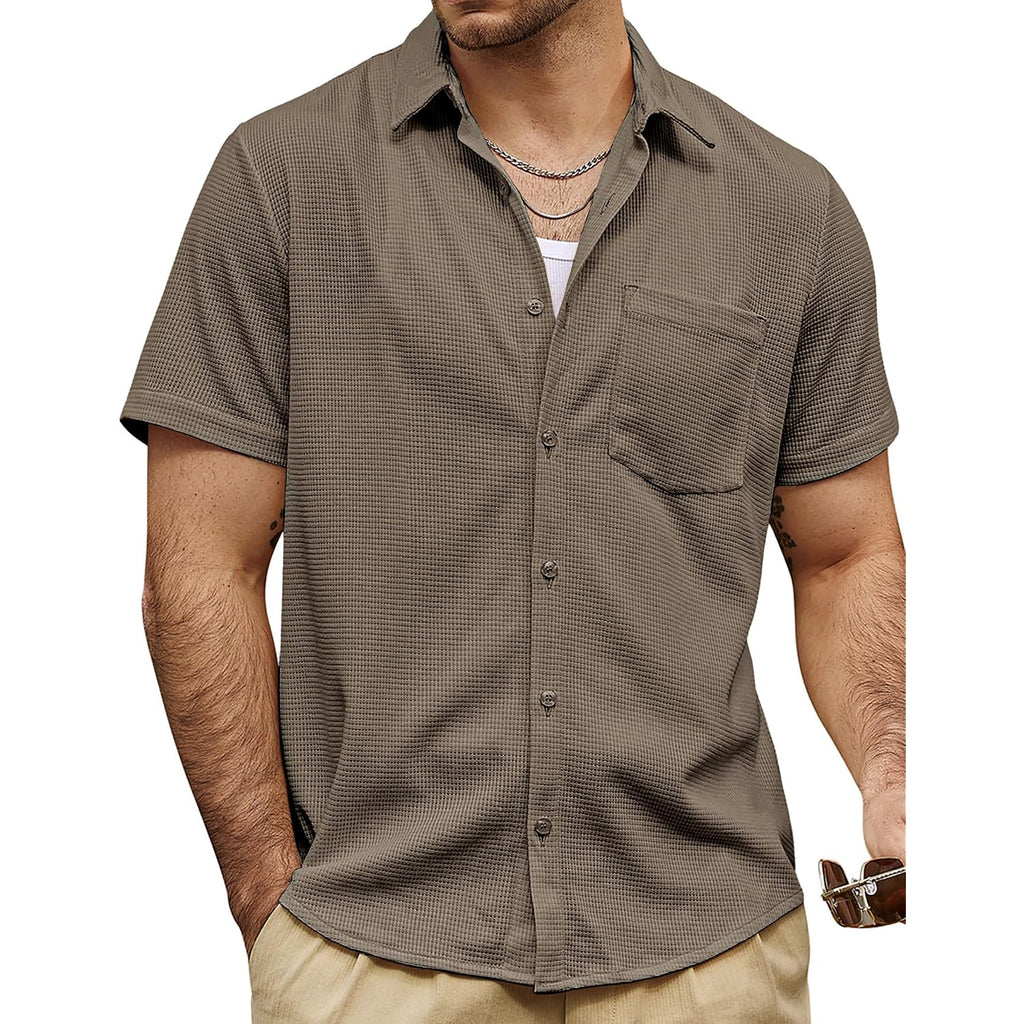 Vatpave Mens Casual Waffle Shirt Short Sleeve Button Down Summer Shirts Loose Fit Beach Shirts