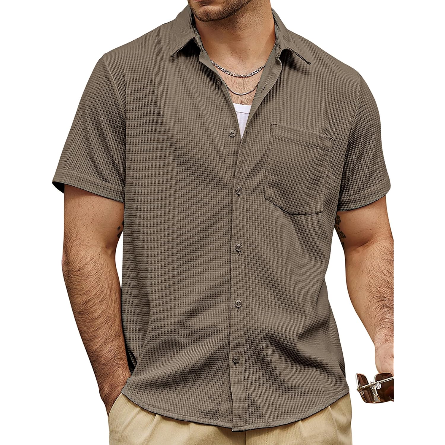 Vatpave Mens Casual Waffle Shirt Short Sleeve Button Down Summer Shirts Loose Fit Beach Shirts