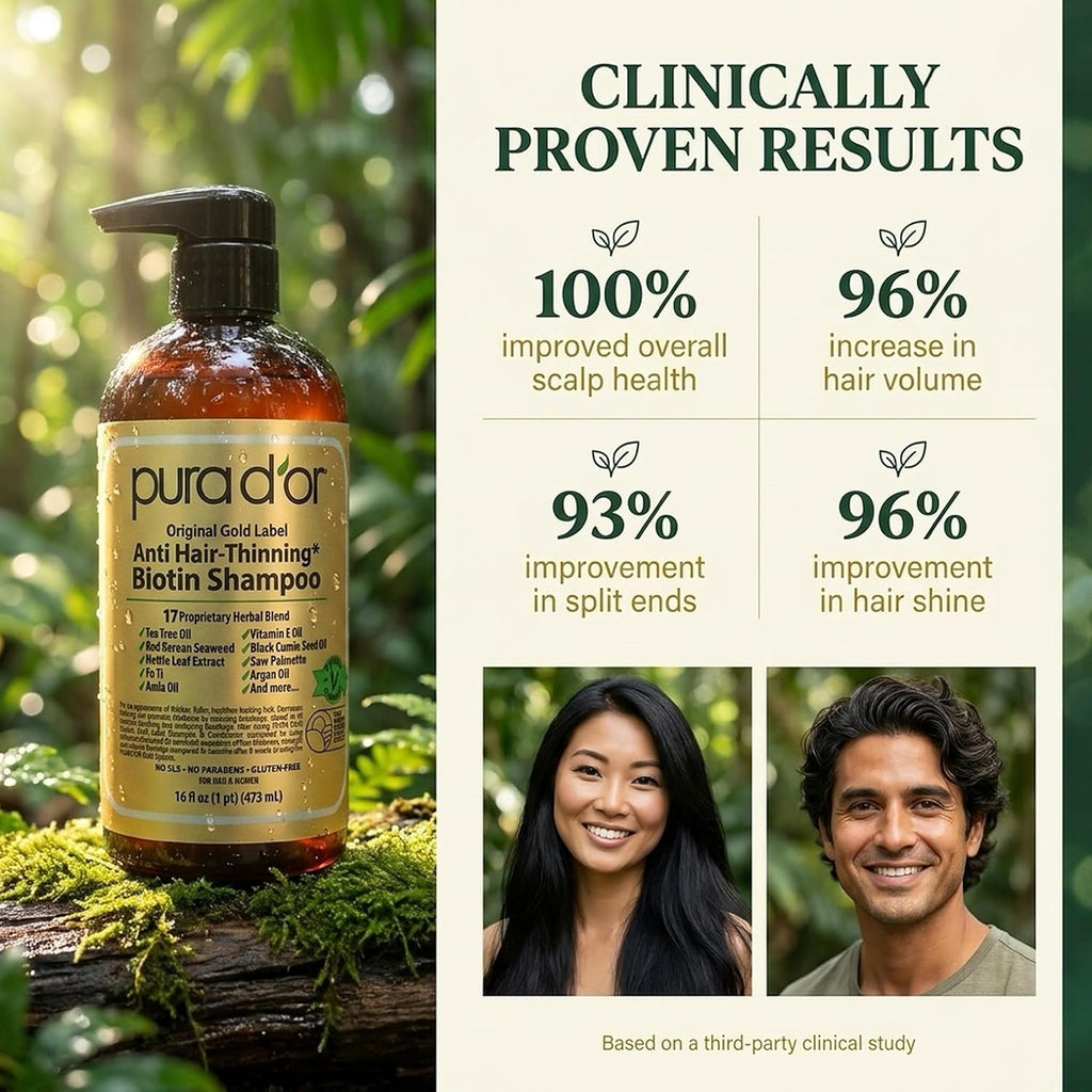 Pura D'Or Original Gold Label Anti-Thinning Shampoo - Clinically Tested - Biotin & Argan Oil – Sulfate-Free Strengthening & Volumizing For Fuller-Looking Hair, Men & Women, Natural Earthy Scent 16 Oz