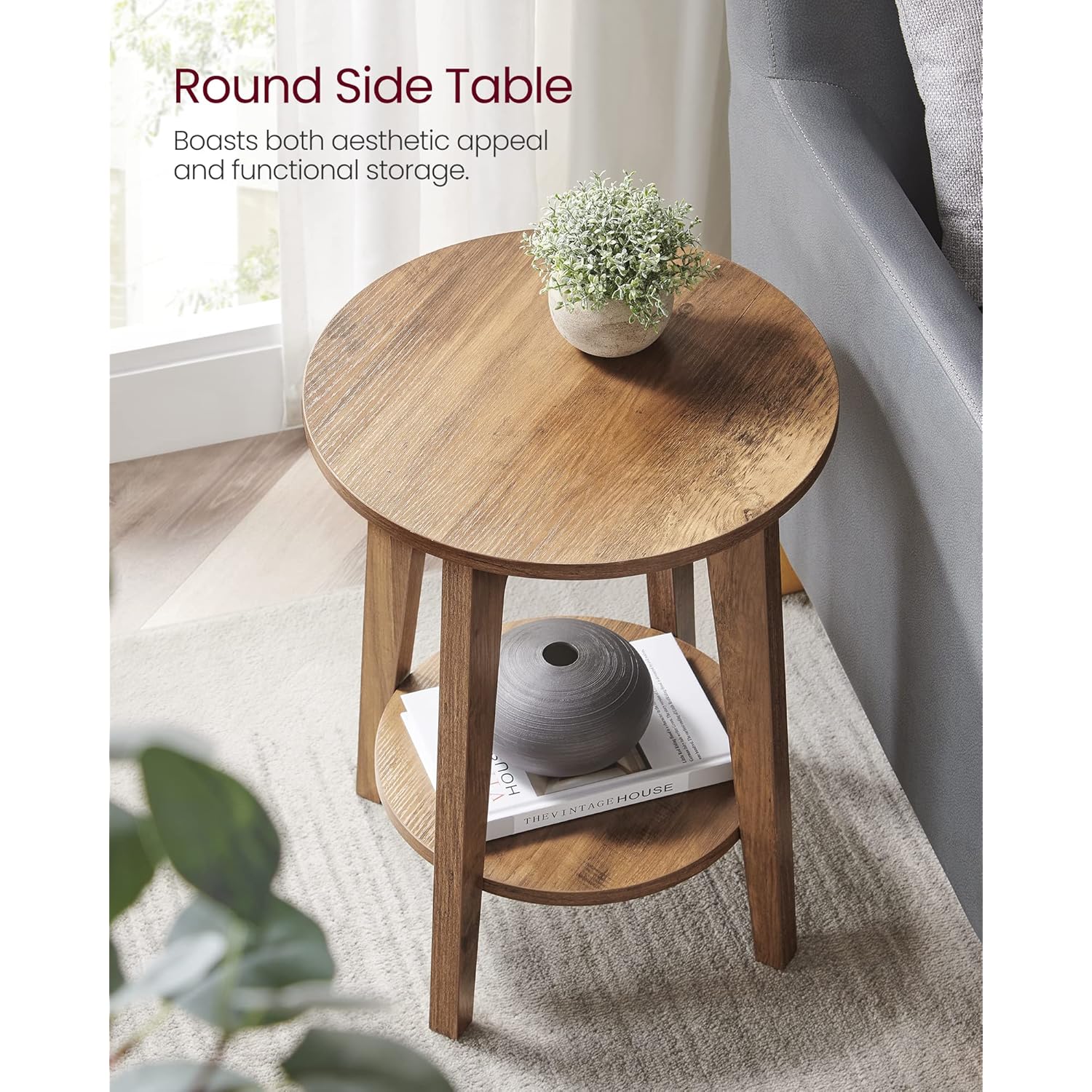 VASAGLE MAEZO Collection - Side Table, 2-Tier Small Round End Table, Nightstand with Tapered Legs, Curved Transitions, for Small Spaces, Living Room, Bedroom, Honey Brown ULET283T41