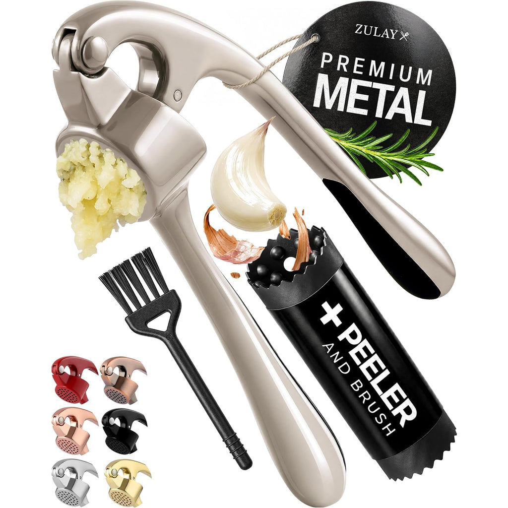 Zulay Kitchen Premium Garlic Press Set - Rust Proof Professional Garlic Mincer Tool - Easy-Squeeze, Easy-Clean With Soft, Ergonomic Handle - Silicone Garlic Peeler & Brush (Silver)