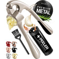 Zulay Kitchen Premium Garlic Press Set - Rust Proof Professional Garlic Mincer Tool - Easy-Squeeze, Easy-Clean With Soft, Ergonomic Handle - Silicone Garlic Peeler & Brush (Silver)