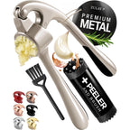 Zulay Kitchen Premium Garlic Press Set - Rust Proof Professional Garlic Mincer Tool - Easy-Squeeze, Easy-Clean With Soft, Ergonomic Handle - Silicone Garlic Peeler & Brush (Silver)