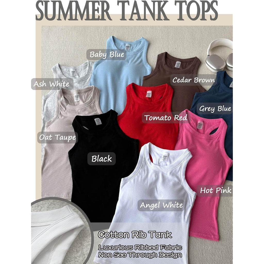 Danysu Racerback Tank Tops With Built In Bra For Women High Neck Ribbed Basics Fitted Long Bra Tanks