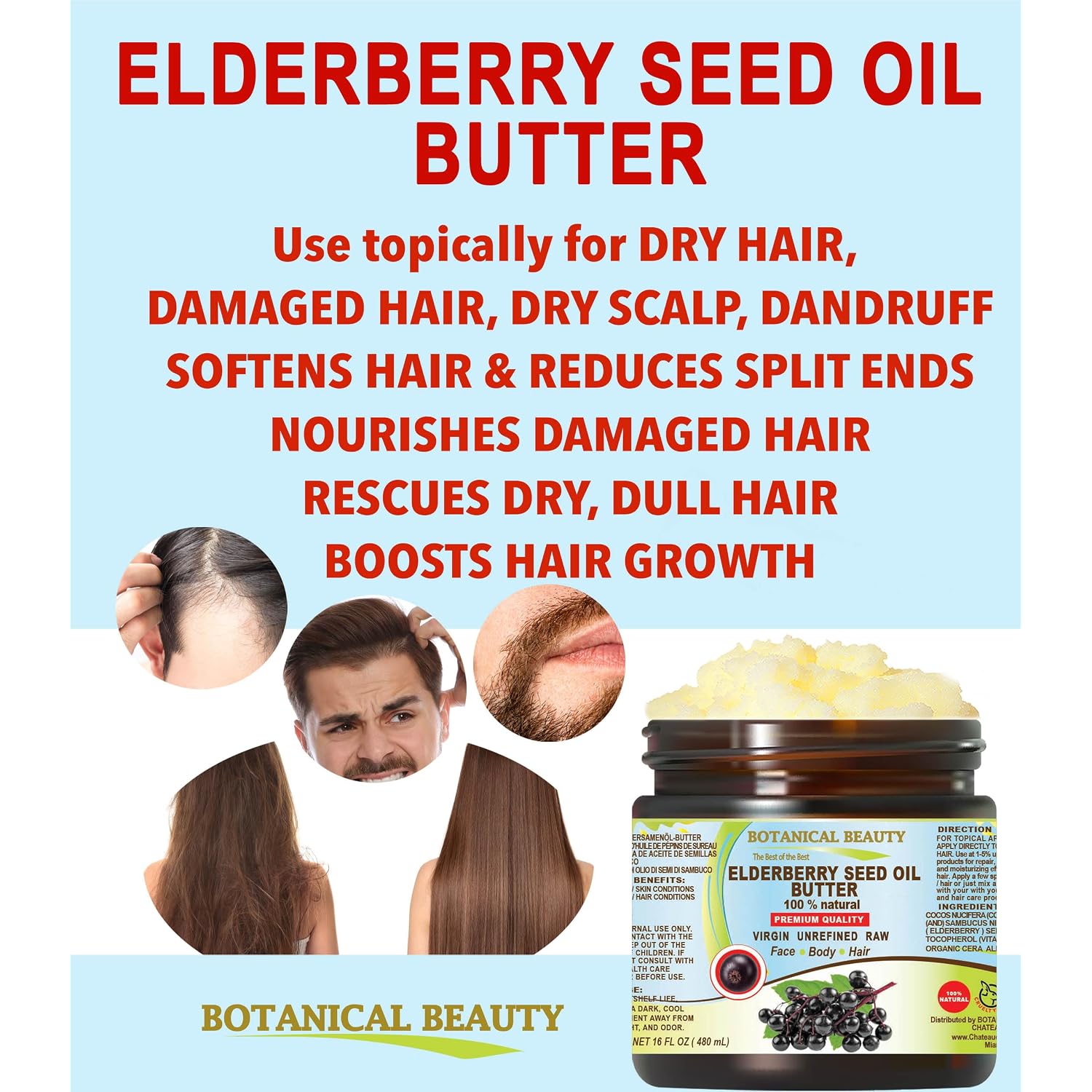 Botanical Beauty Elderberry Seed Oil Butter 100% Natural Pure Virgin Unrefined Raw For Face, Skin, Body, Hair, Nails, Dry Skin. Elderberry Oil, Coconut Butter, Vitamin E