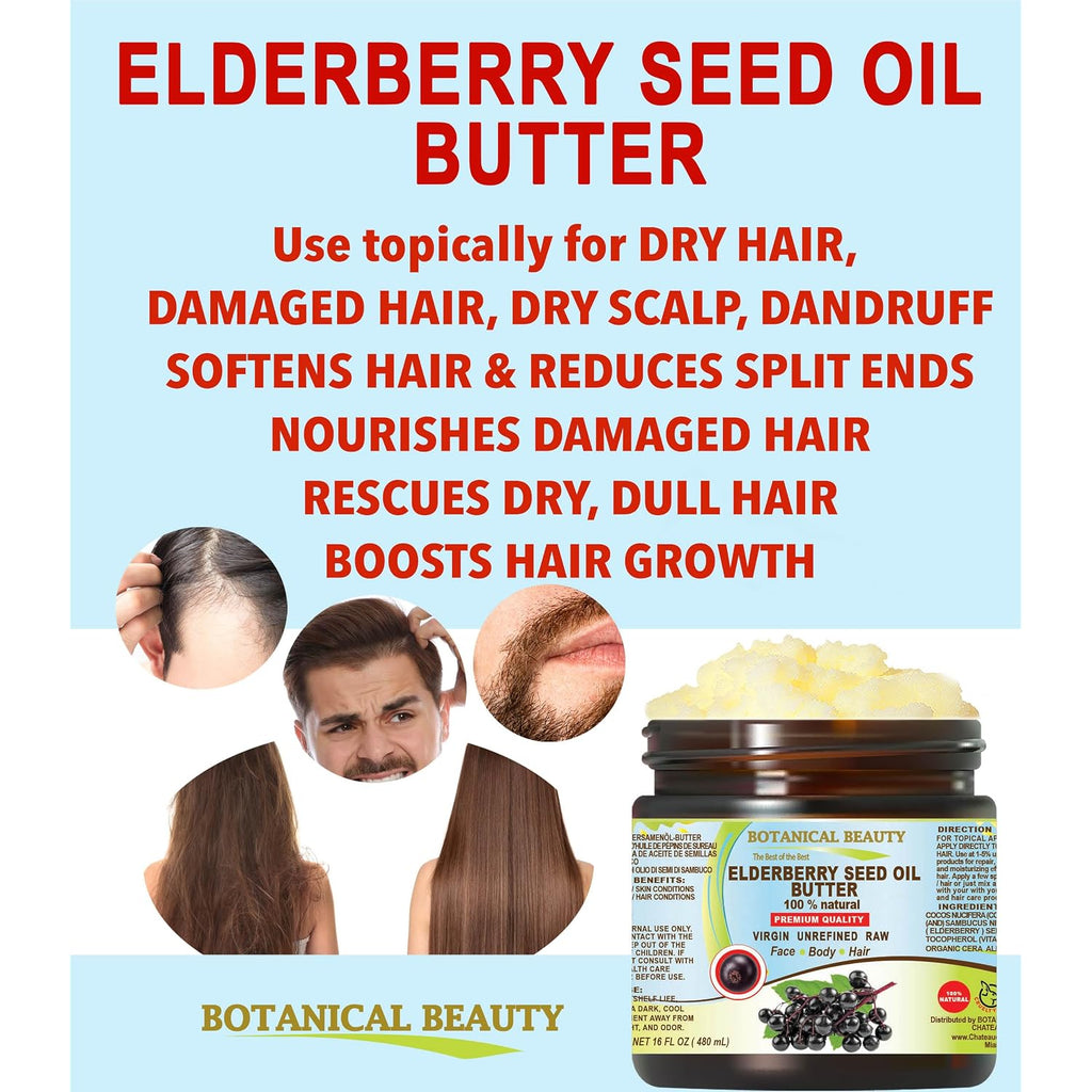 Botanical Beauty Elderberry Seed Oil Butter 100% Natural Pure Virgin Unrefined Raw For Face, Skin, Body, Hair, Nails, Dry Skin. Elderberry Oil, Coconut Butter, Vitamin E