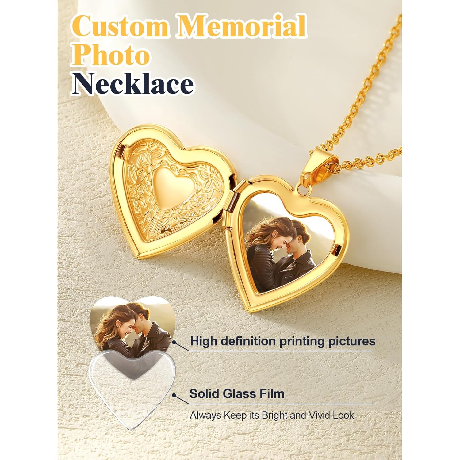 U7 Women Locket Necklace Platinum 14K Gold Photo Lockets that Hold Picture,Chain 20 Inch Personalized Gift Custom Love Heart Image Necklaces