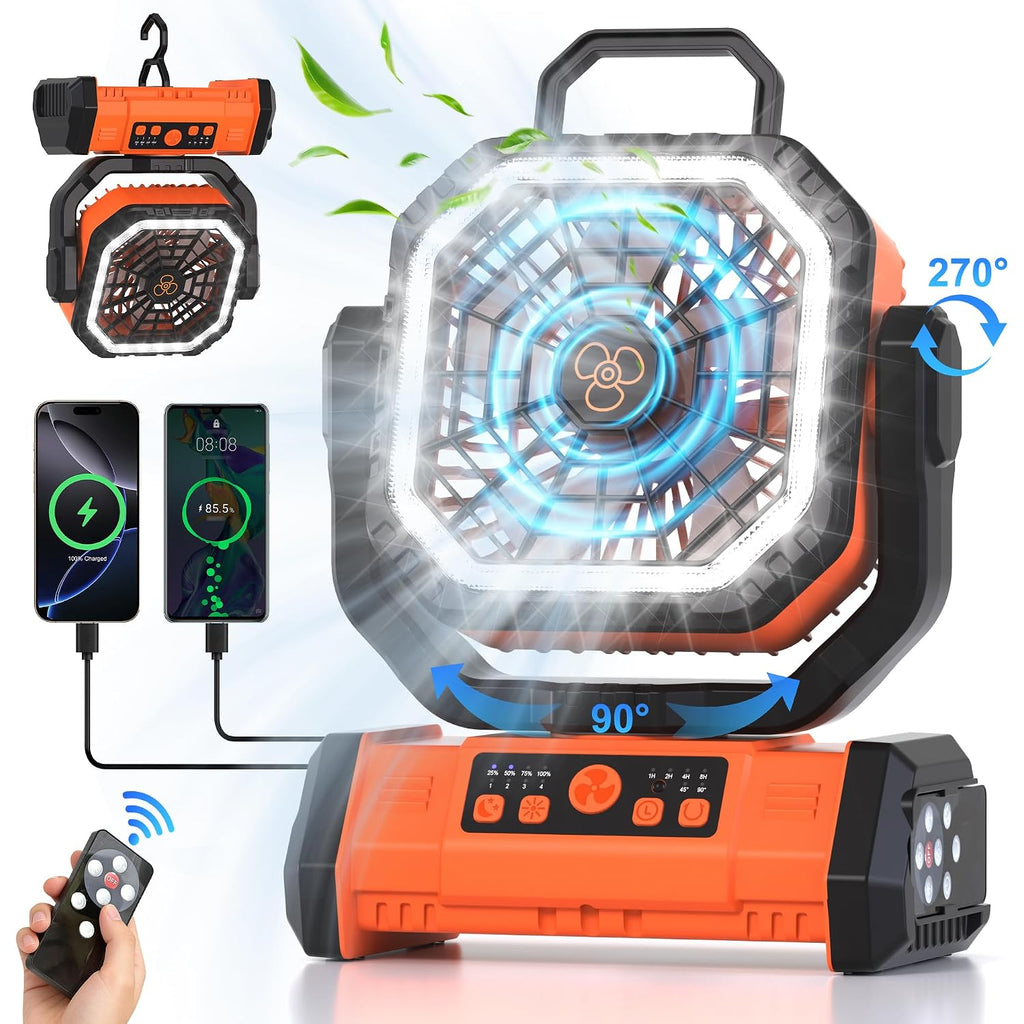 Portable Rechargeable Fan 20000Mah, Camping Fan With Led Light & Remote, Usb C Cordless Battery Powered, 4 Speeds Timer Hanging Hook For Travel Tent Outdoor Essentials - Orange