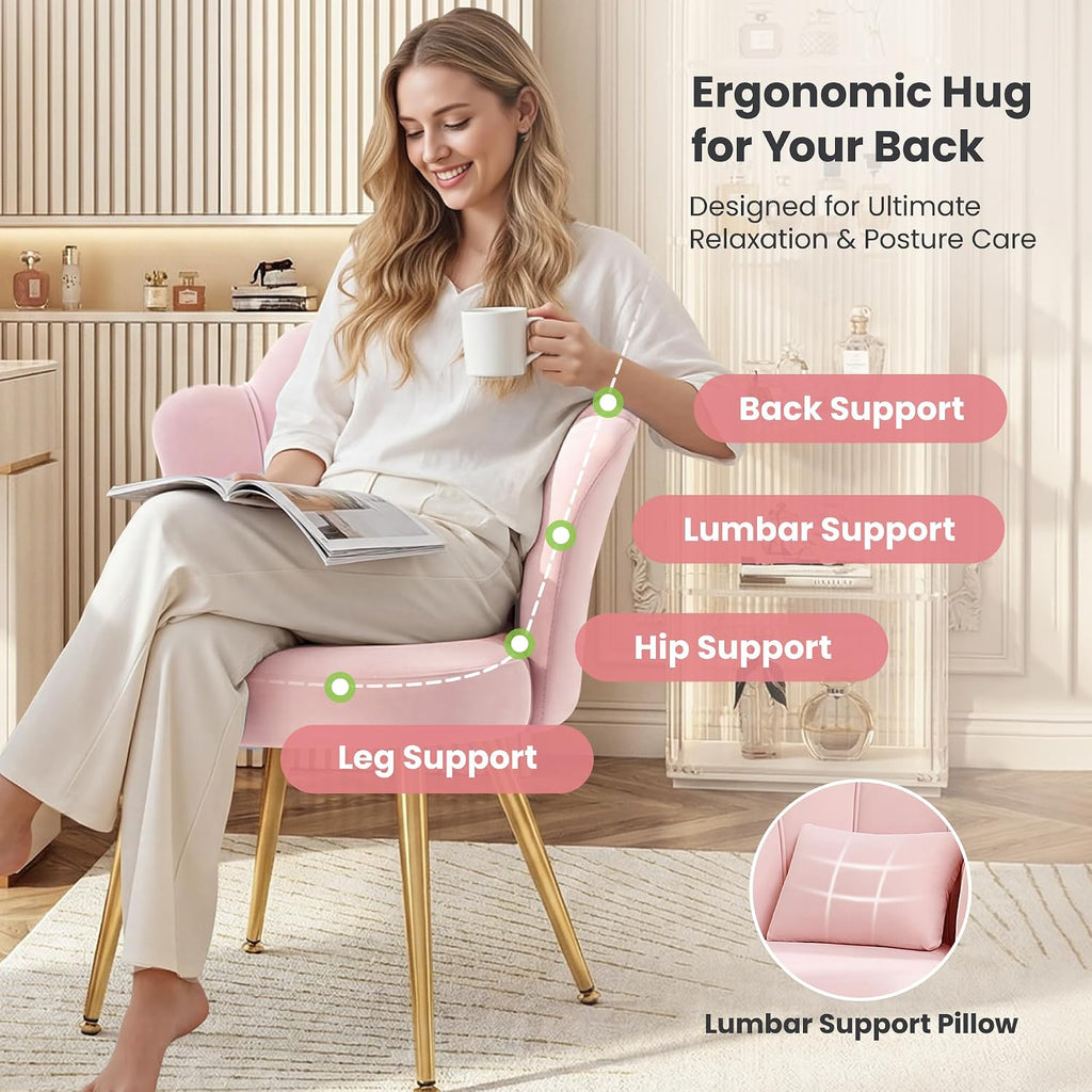 Petal Makeup Vanity Chair With Back, Flower Chair Comfy No Wheels For Girls Women, Makeup Chair With Golden Metal Legs & Lumbar Pillow For Living Room/Makeup Room/Bedroom/Home Office - Pink