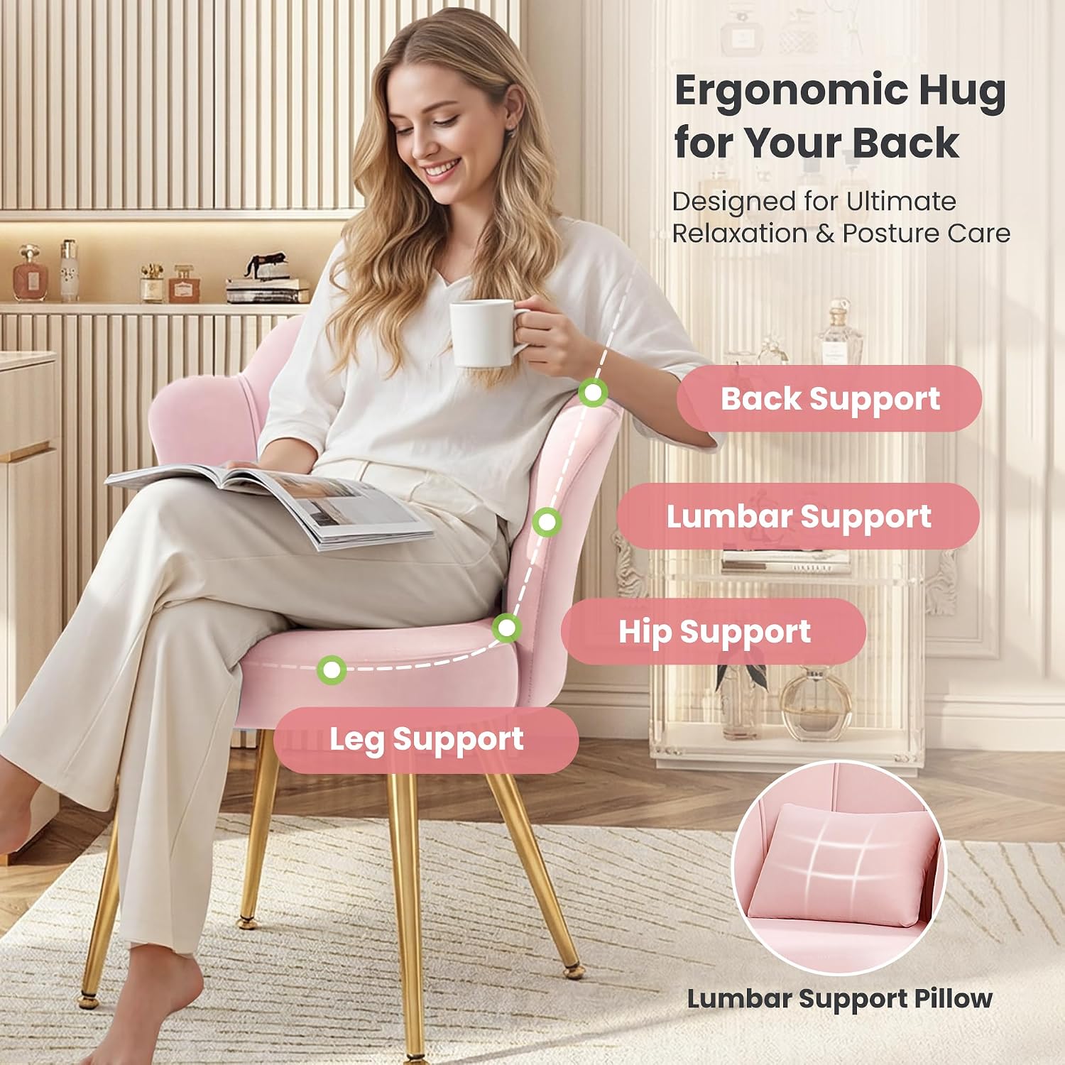 Petal Makeup Vanity Chair With Back, Flower Chair Comfy No Wheels For Girls Women, Makeup Chair With Golden Metal Legs & Lumbar Pillow For Living Room/Makeup Room/Bedroom/Home Office - Pink