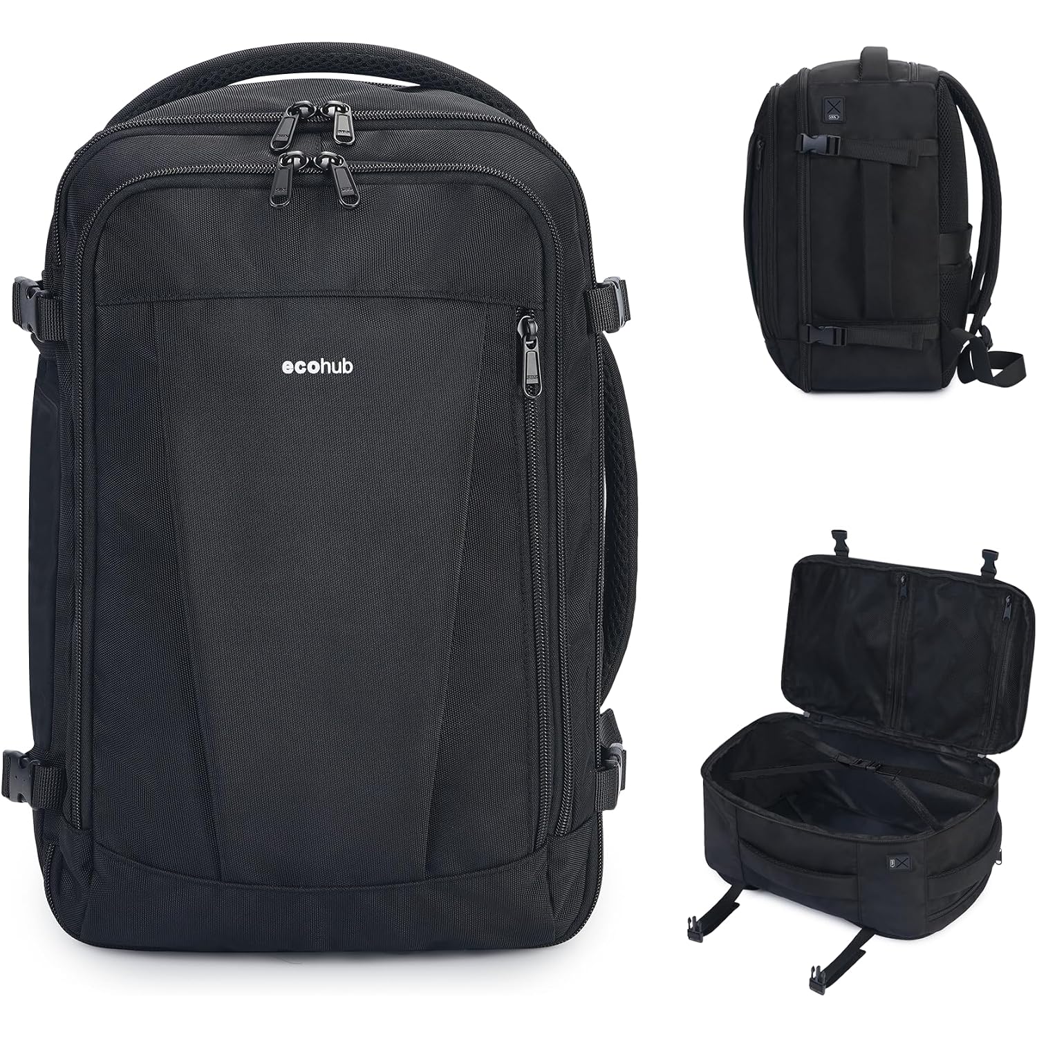 Ecohub Travel Backpack 18X14X8 Spirit Airlines Personal Item Bag Carry On Backpack 13 Pockets Work Casual Daypack For Men Women Airline Approved Water Resistant Gym Backpack With Charging Port, Black