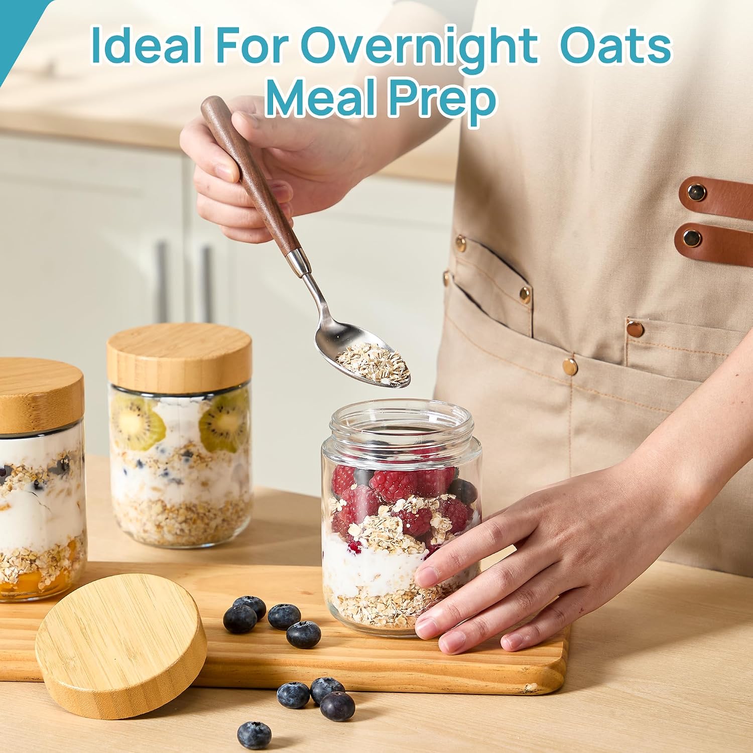 Vtopmart 6 Pack 16Oz Glass Overnight Oats Containers With Bamboo Lids, Portable Wide Mouth Glass Jars Leak Proof, Reusable Glass Food Storage Containers For Yogurt Chia Pudding Salad Pickling Snacks