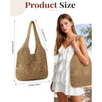 Beach Bag, Straw Beach Bags For Women, Floral Designed Beach Tote Lightweight Foldable Straw Bag