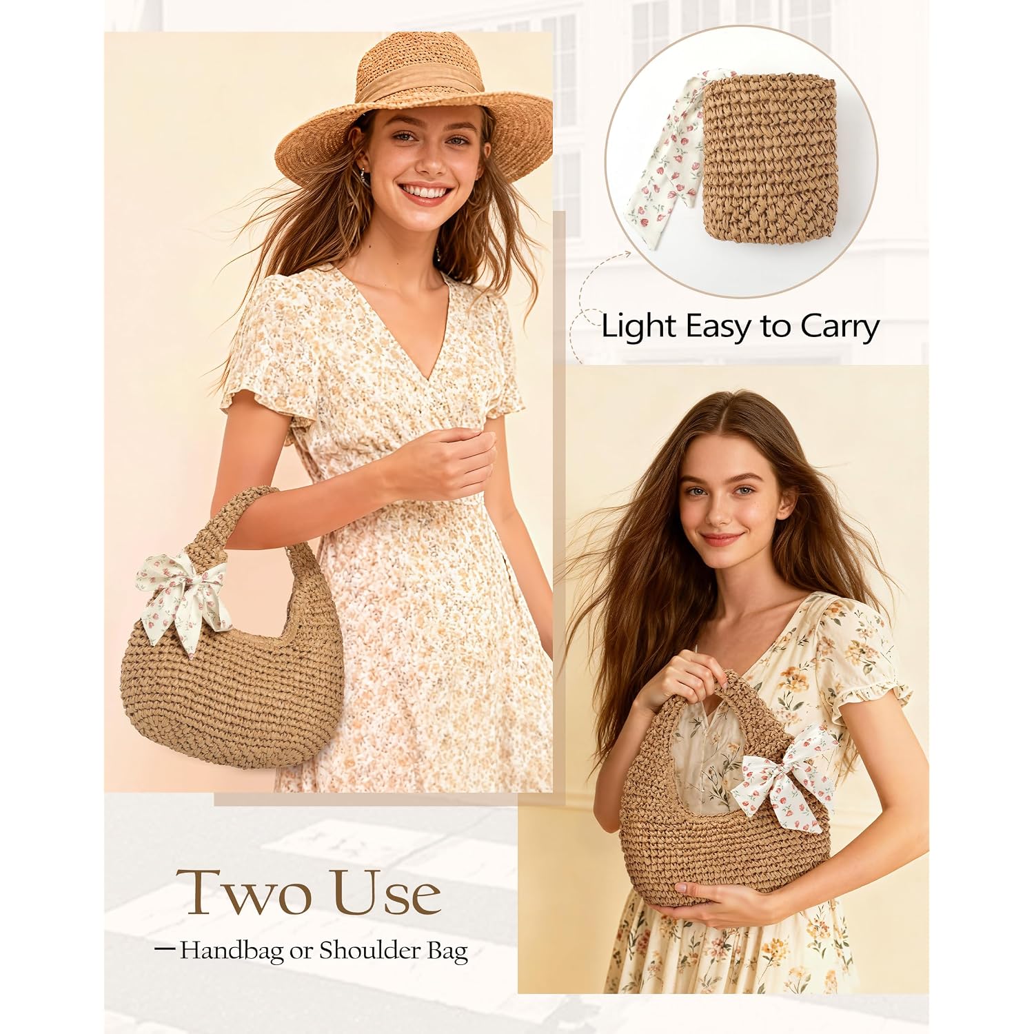 Fauson Beach Bags For Women - Handmade Straw Clutch Purses For Women Handbag Zip Closure Tote Bag Lightweight
