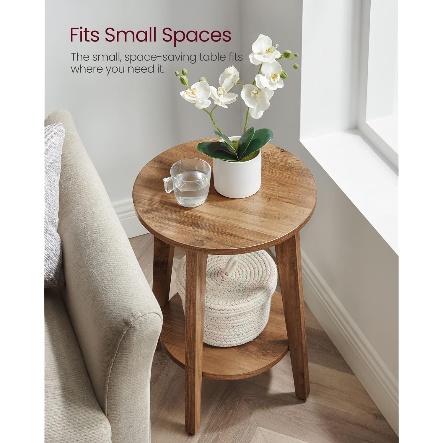 VASAGLE MAEZO Collection - Side Table, 2-Tier Small Round End Table, Nightstand with Tapered Legs, Curved Transitions, for Small Spaces, Living Room, Bedroom, Honey Brown ULET283T41