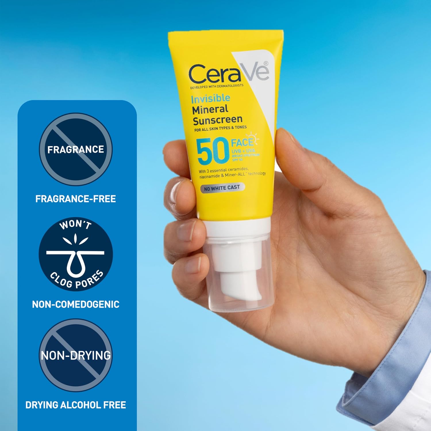 Cerave Invisible Mineral Sunscreen Spf 50, Face Sunscreen For Sensitive Skin With Zinc Oxide & Titanium Dioxide, Vitamin E + Niacinamide + Ceramides, Oil Free, Travel Size 1.62 Oz