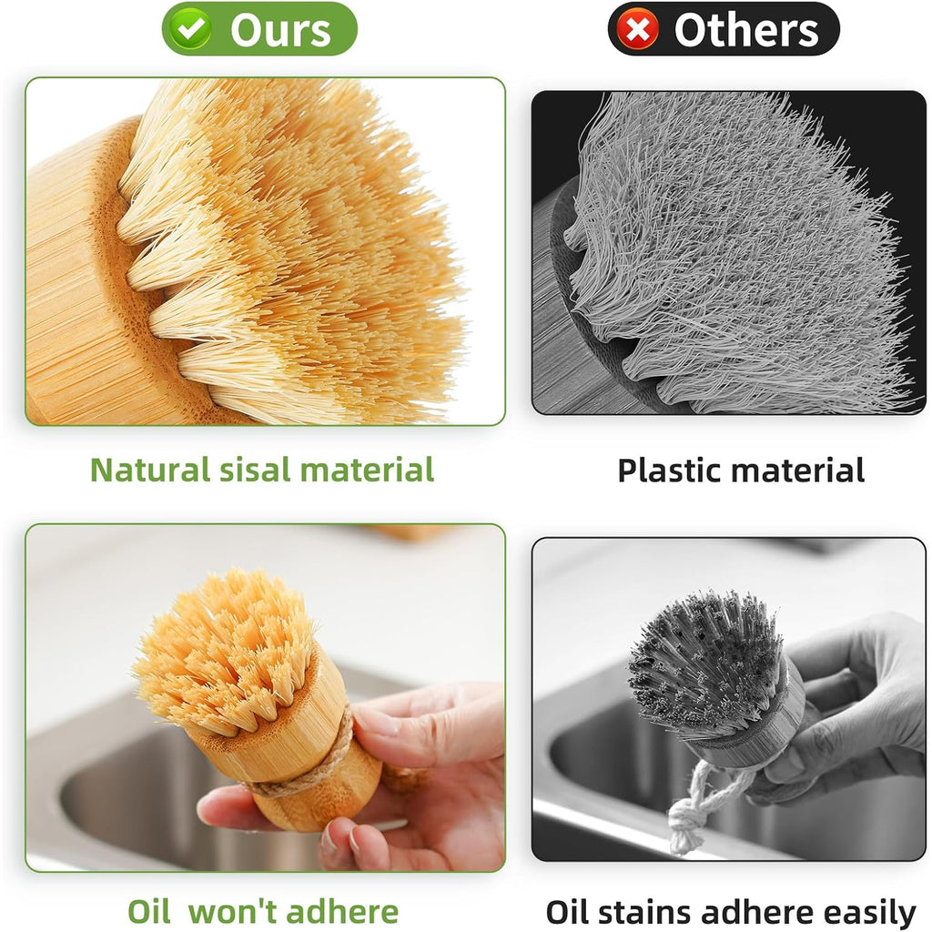 Bamboo Dish Scrub Brush For Kitchen Sink, Natural Wooden Washing Dish Brush Scrubber With Sisal Bristles For Household Cleaning, Cast Iron Pots, Pans And Vegetables