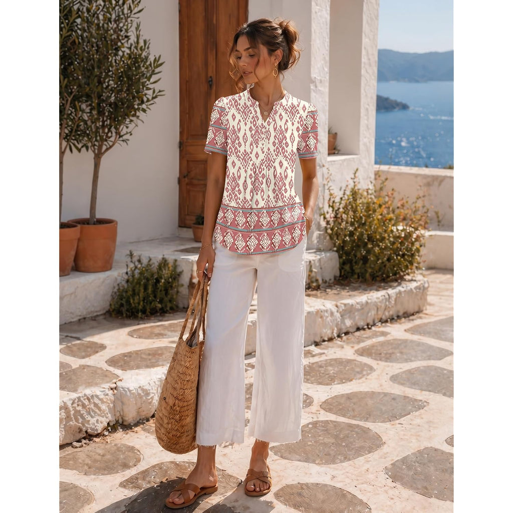 Lomon Womens Summer Tops Boho V Neck Pleated Blouses Dressy Casual Short Sleeve Shirts Vacation Outfits