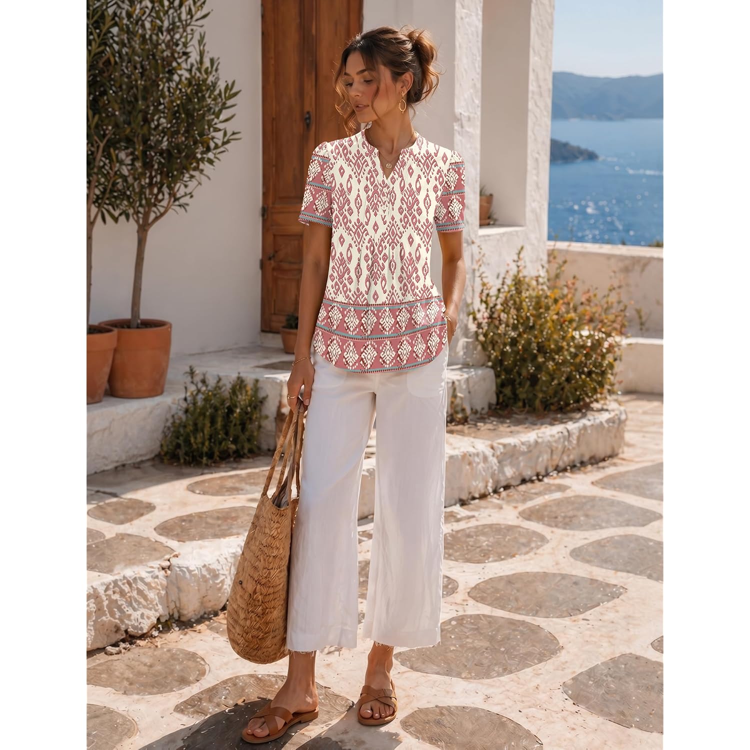 Lomon Womens Summer Tops Boho V Neck Pleated Blouses Dressy Casual Short Sleeve Shirts Vacation Outfits