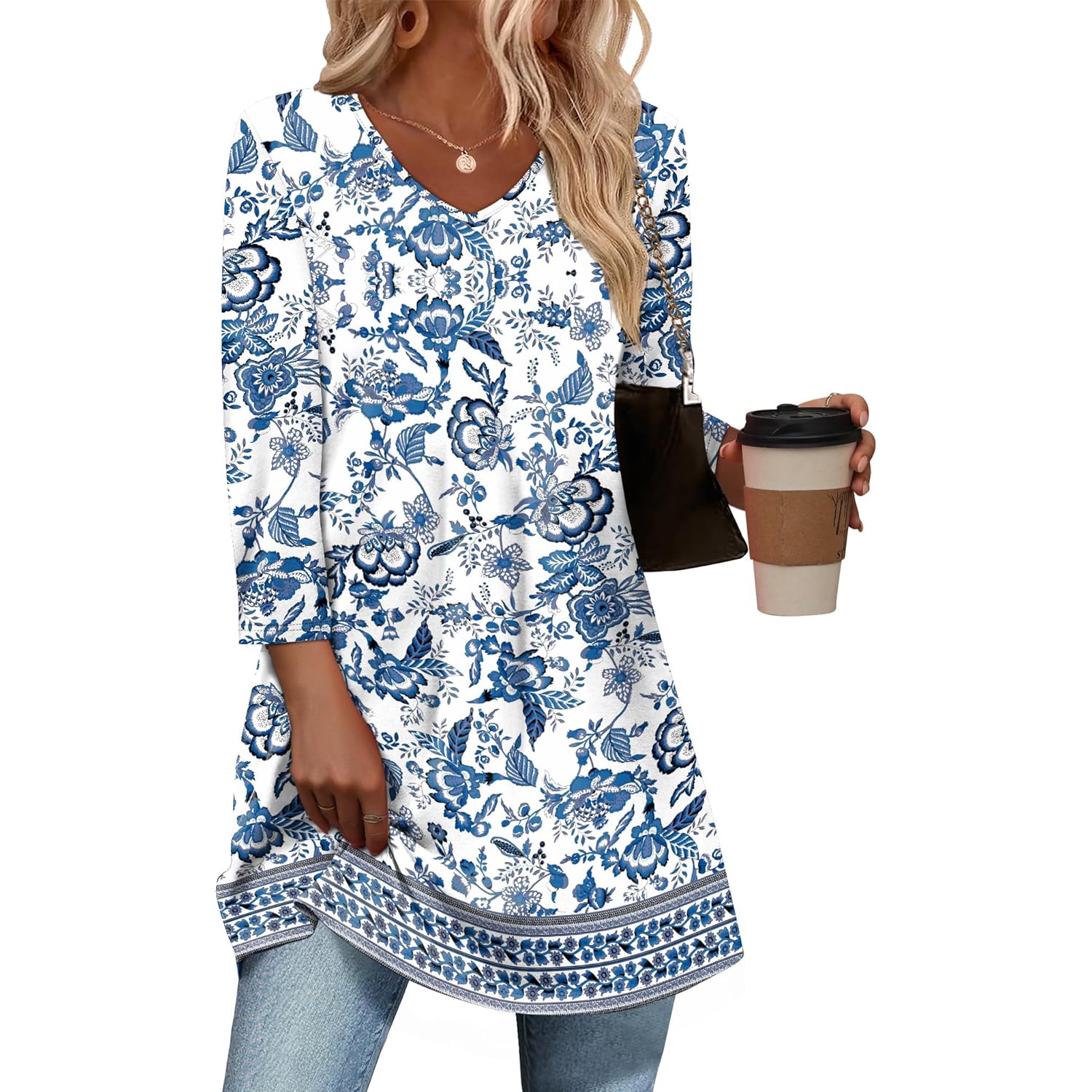 3/4 Length Sleeve Womens Tops Dressy Casual Plus Size Tunics to Wear with Leggings