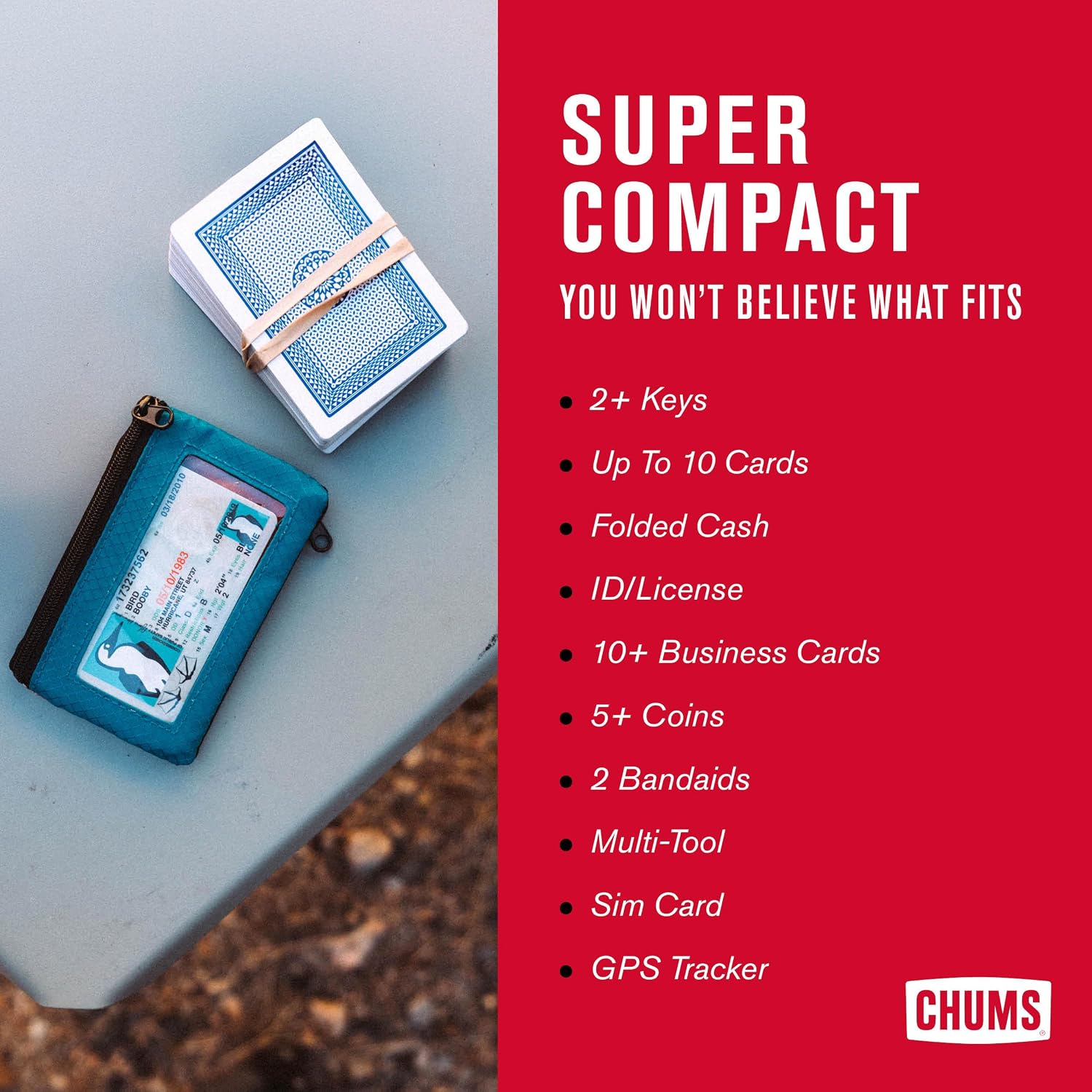 Chums Surfshorts Wallet - Solid Colors Collection, Lightweight Slim Wallet With Rfid Blocking Card & Clear Id Window - Zippered Minimalist Wallet W/Key Ring