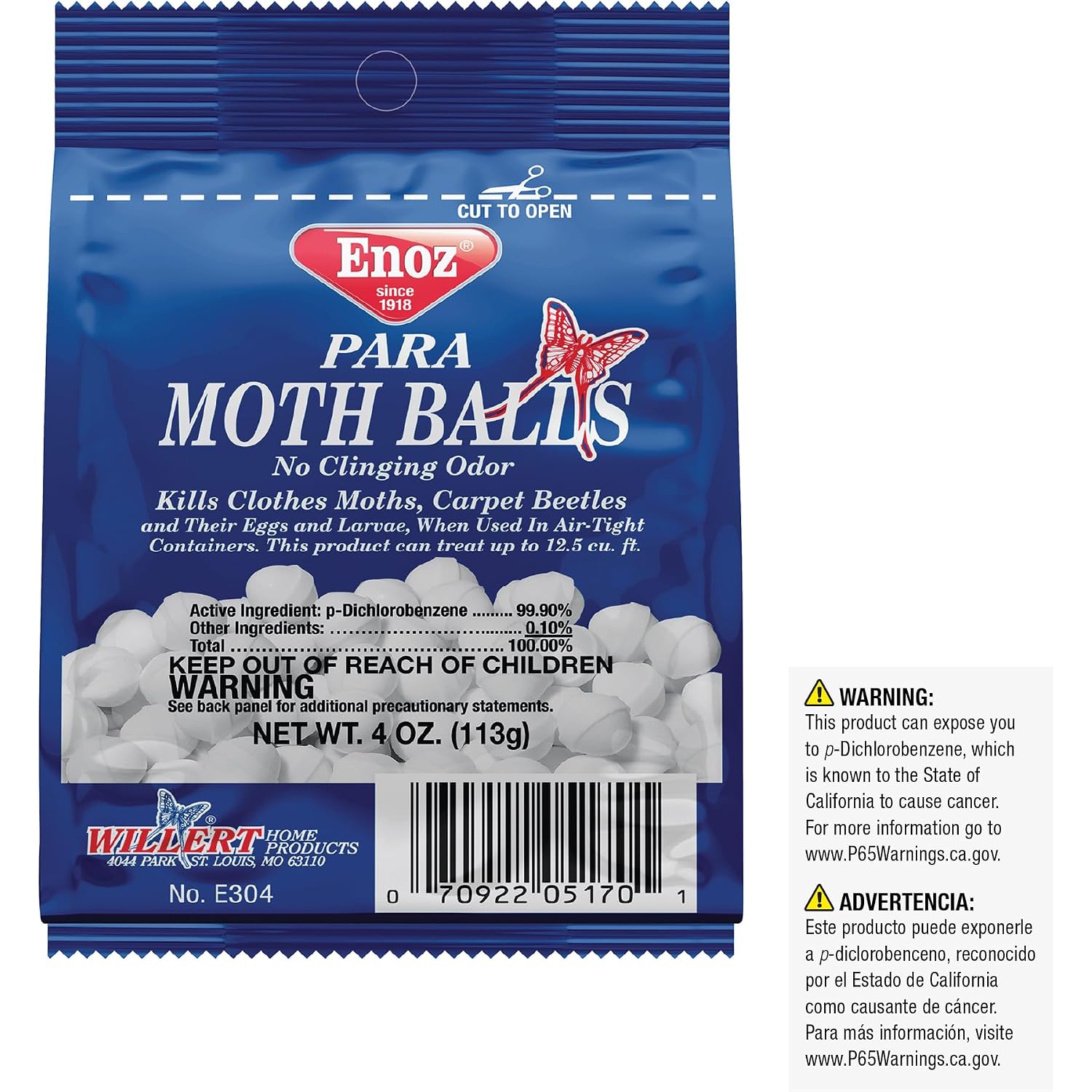 Enoz Para Moth Balls For Closets And More - Kills Clothes Moths And Carpet Beetles - For Indoor Use - No Clinging Odor - 4 Oz (Pack Of 6)