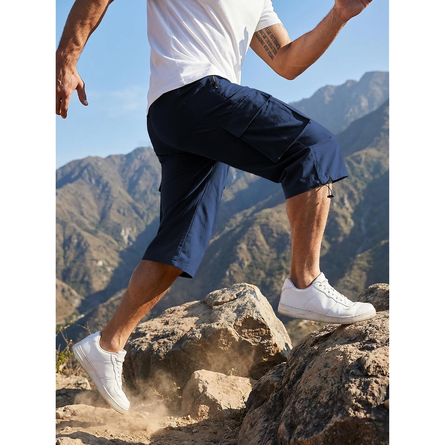 Jmierr Men'S 3/4 Length Cargo Shorts Elastic Waist Capri Pants With Zipper Pockets