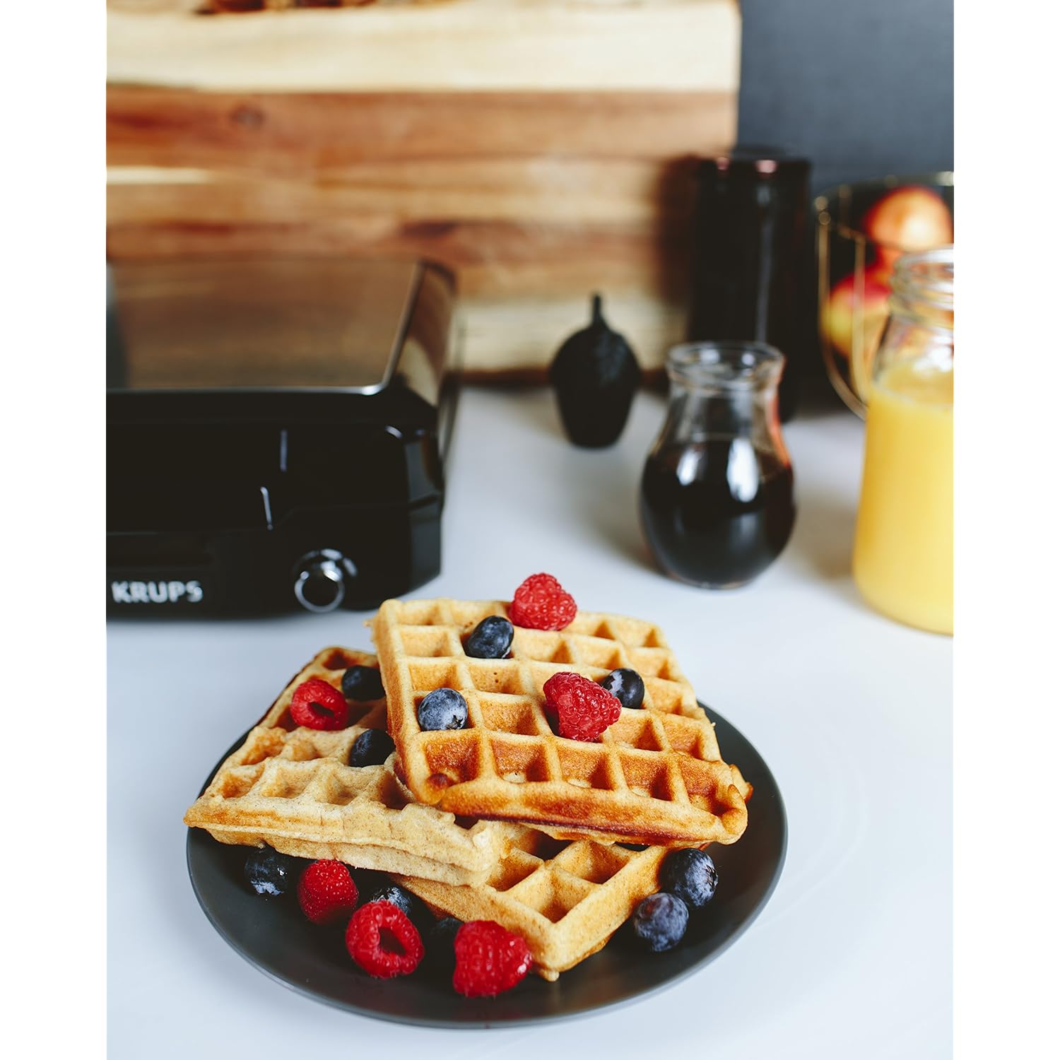 KRUPS 4-Slice Belgian Waffle Maker: Stainless Steel, 5 Browning Levels, Audible Ready Beep, Removable Plates, 1200W, Silver/Black, Large Waffle Maker Family Size, Great for Family Breakfasts